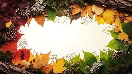 Autumn leaves frame with branches and moss on a white background for seasonal designs anomal Photo
