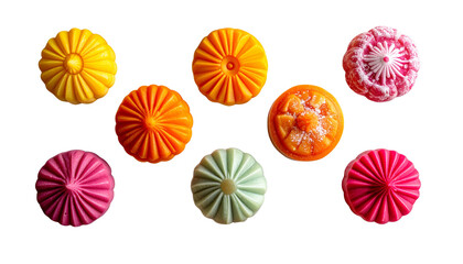 Colorful traditional sweets arranged in a clean pattern, vibrant shapes and textures, festive food concept, soft studio lighting, isolated on transparent background, cultural dessert concept, PNG.