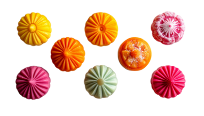 Colorful traditional sweets arranged in a clean pattern, vibrant shapes and textures, festive food concept, soft studio lighting, isolated on transparent background, cultural dessert concept, PNG.