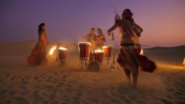 Group of people dancing and playing drums on desert sand dunes at dusk, illuminated by soft light, capturing energetic movement