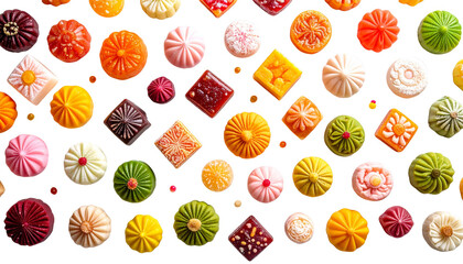 Colorful traditional sweets arranged in a clean pattern, vibrant shapes and textures, festive food concept, soft studio lighting, isolated on transparent background, cultural dessert concept