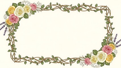 Vibrant floral border with roses, leaves and lavender on cream background illustration