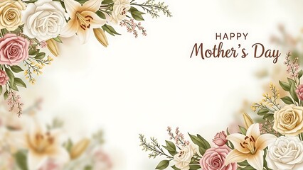 Happy Mother's Day celebration with beautiful floral arrangements and roses on white background
