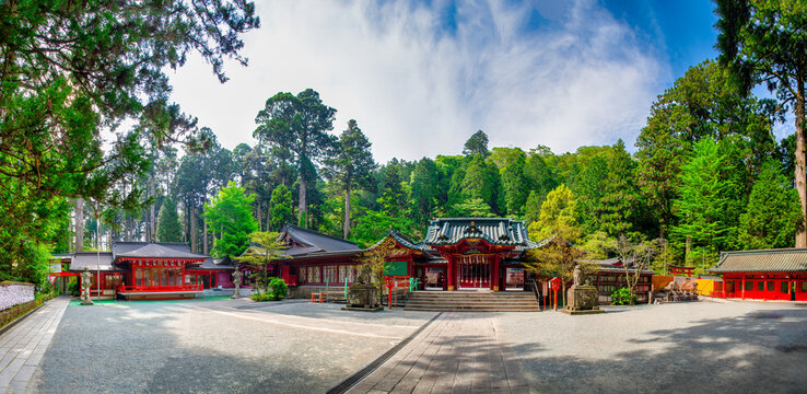 Panoramic view of Hakone shrine at Lake Ashinoko at Moto Hakone