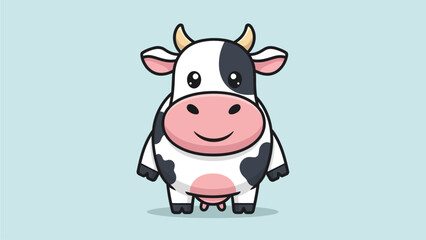 Fototapeta premium A cute cartoon cow illustration with black and white spots and a friendly expression on a light blue background, perfect for children's designs.