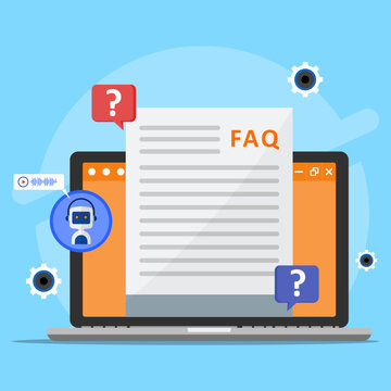 Online FAQ document with AI chatbot customer support concept. Showing automated help system, question answers, virtual assistant, and digital support service on laptop screen.