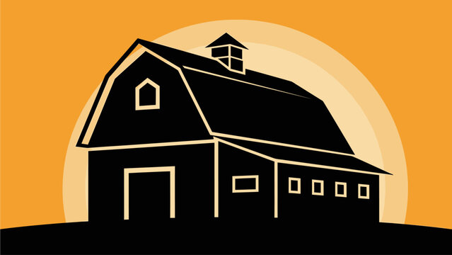 A graphic silhouette illustration of a traditional barn with a gambrel roof and cupola against an orange sunset or sunrise background.