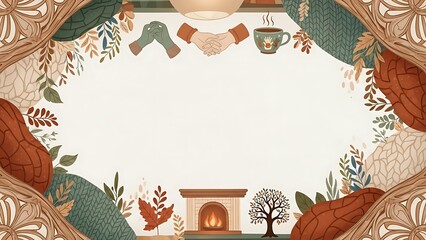 Cozy autumn scene with fireplace, leaves, and warm socks on a cold day illustration