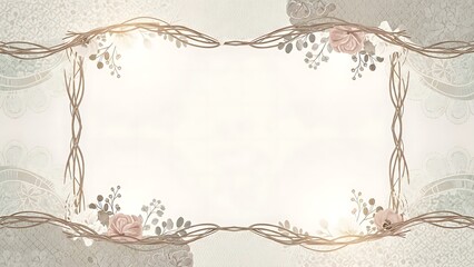 Delicate floral border frame with pink roses and green leaves on beige background for invitation or greeting card