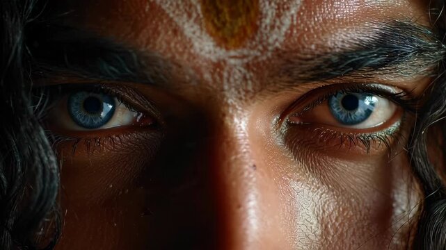 Close-up Portrait of Lord Shiva with Intense Blue Eyes and Sacred Forehead Mark for Maha Shivaratri Celebration