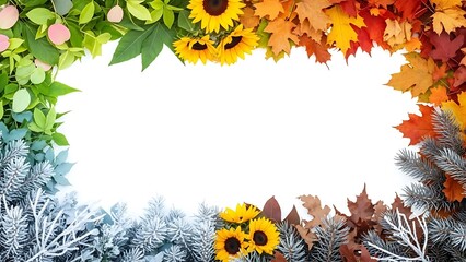 A serene forest scene featuring a decorative frame made of natural elements like twigs and stones.