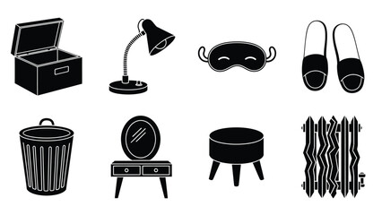 A collection of black and white icons for bedroom and bathroom essentials