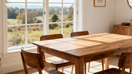 Fototapeta premium Interior Dining Room with Outdoor Landscape Under Natural Lighting
