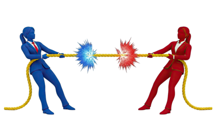 Tug of War: Blue vs. Red Businesswomen