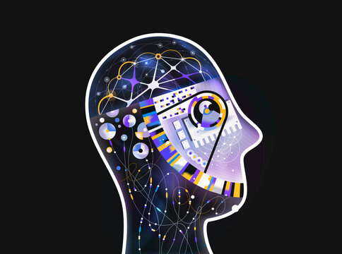 Human head with abstract neural connections and system patterns