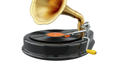 Vintage Gramophone with Golden Horn and Vinyl Record