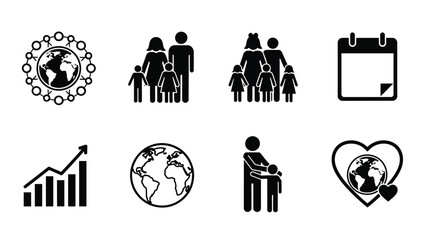 A collection of black and white icons representing global family and growth concepts