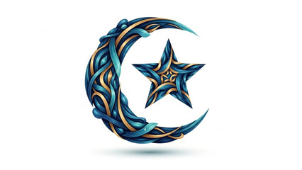 Blue and Gold Crescent Moon with Star Symbol on White Background