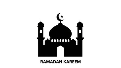 Ramadan Kareem Mosque Silhouette with Crescent Moon Isolated on White Background