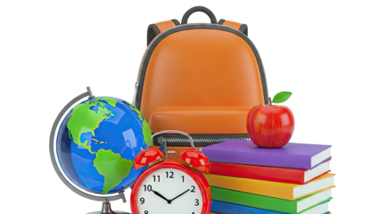 Back to School Supplies: Backpack, Globe, Books, Apple, and Alarm Clock