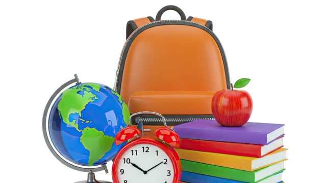 Back to School Supplies: Backpack, Globe, Books, Apple, and Alarm Clock - Powered by Adobe