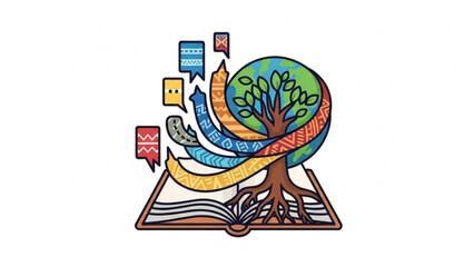 Tree Growing from Open Book with Colorful Pages and Flying Bookmarks Symbolizing Knowledge and Education