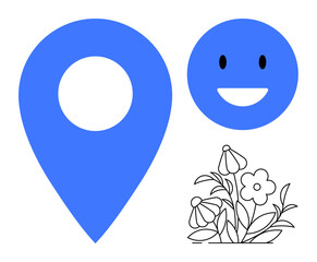 Obraz premium Navigation, emotions, nature, map services, online communication, location tracking. Blue map pin and happy face next to black floral design. Navigation and emotions concept
