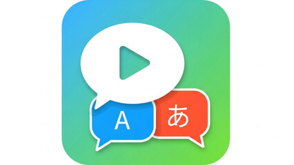 Language Learning App Icon with Speech Bubbles and Play Button on Gradient Background