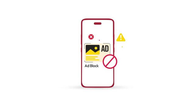Animated smartphone ad block warning with play button and alert icons in 4k animation for digital marketing solutions