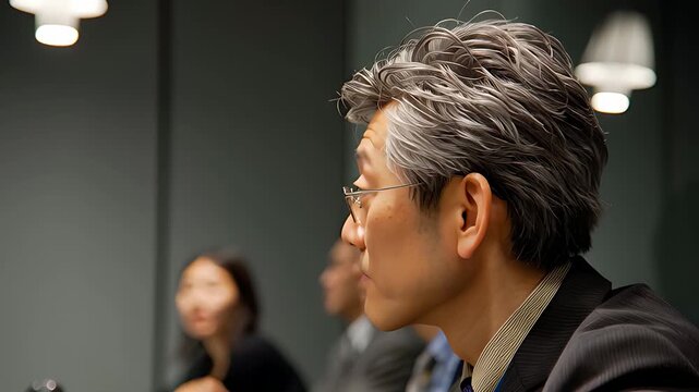 会議の合間に微かな希望を見出す日本人ビジネスマン