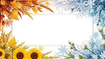 Vibrant floral arrangement with sunflowers, fall leaves, and frosty branches in a gold frame