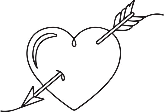 Simple continuous line drawing of heart shape pierced through center by cupid's arrow illustration