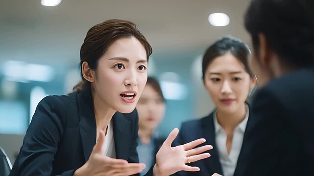 強い口調で部下を指導する日本人女性マネージャー