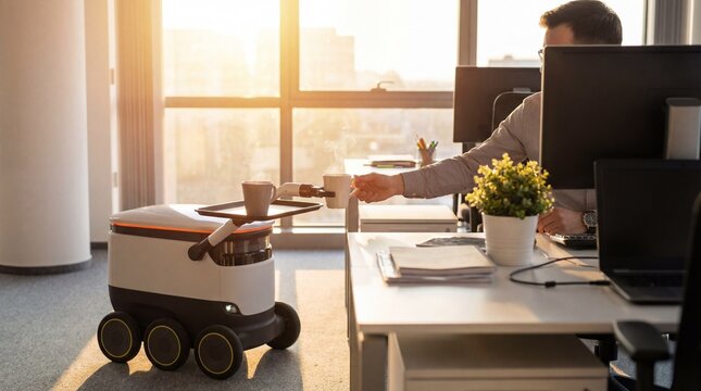 Autonomous robot delivering coffee to an office worker, symbolizing future workplace automation and efficiency
