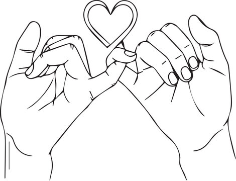 Line art of two hands making pinky promise gesture forming heart shape in center for love