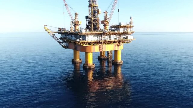 aerial drone shot of offshore oil rig infrastructure standing alone in ocean yellow support legs steel platform drilling equipment cranes calm water reflections daylight professional high detail foota