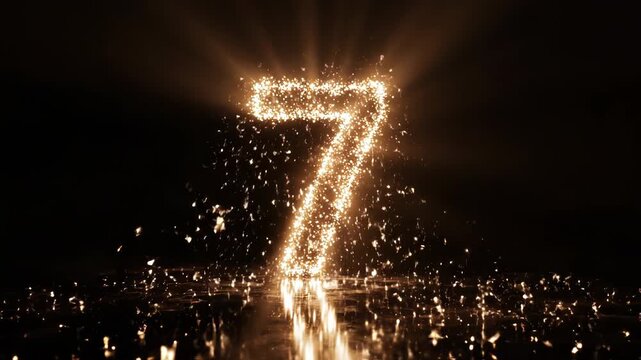 Glowing number seven made of sparks on a dark background