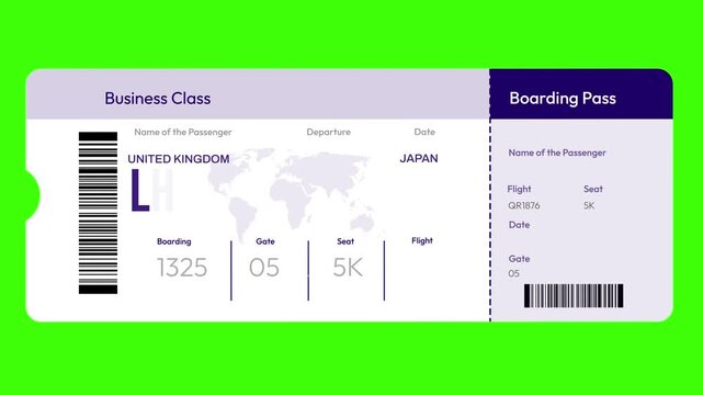 Business class boarding pass from Lhr to Hnd featuring flight details in realistic 4k animation for travel videos