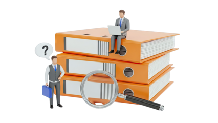 Businessmen analyzing documents with magnifying glass and laptop