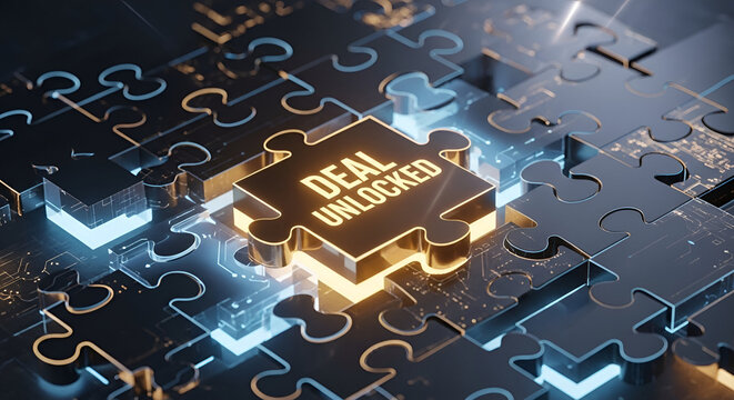 Illuminated central puzzle piece inscribed with deal unlocked signifying the successful completion of a complex business strategy or technological integration within a dark circuit board environment