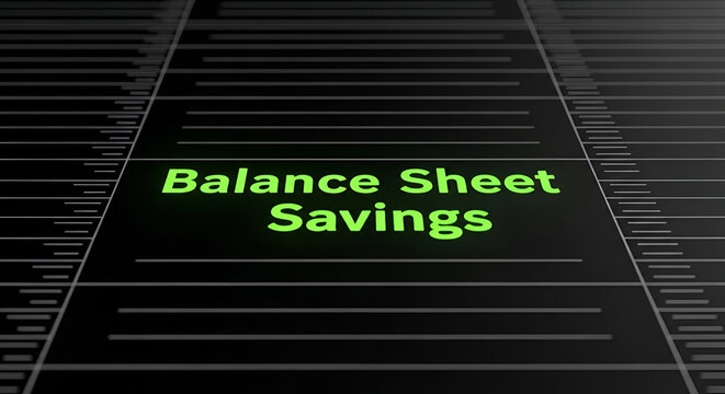 Glowing green digital text displaying the financial concept balance sheet savings on a dark futuristic or data visualization grid background representing progress or accounting lines. - Powered by Adobe