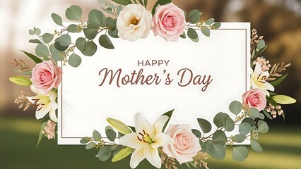 Mother's Day celebration with floral wreath and Happy text on white background outdoors