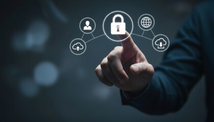 Hand touching a digital padlock icon symbolizing online security and data protection.