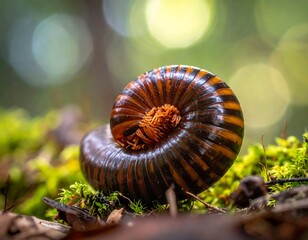 A close-up of a curled arthropod on moss and forest floor