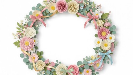 A floral wreath with pink, white, and yellow flowers adorns a circular frame on a white background.