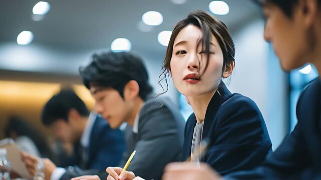 横顔で集中する日本人女性の勉強・研修シーン