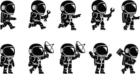 Moon explorers. Set of cartoon astronauts in a space suit. Monochrome vector illustration. Transparent background EPS version.