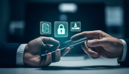 Person using smartphone with digital security icons for data protection and privacy.