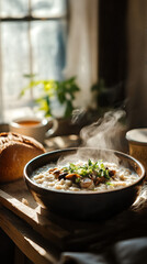 Hot bowl of porridge with herbs and bread on a wooden table  