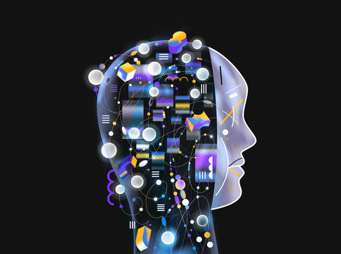 Human mind abstract system with circuits and thoughts